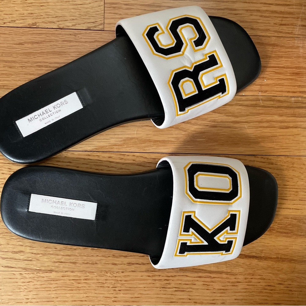 Michael Kors Black Slide Sandals with White Logo Inset - Picture 2 of 9